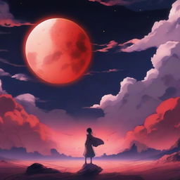 A striking anime-styled background featuring a vast sky with a large, glowing red moon.