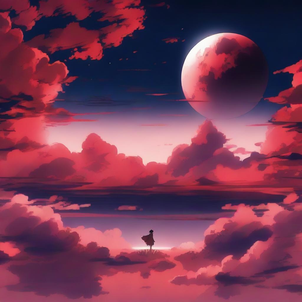 A striking anime-styled background featuring a vast sky with a large, glowing red moon.