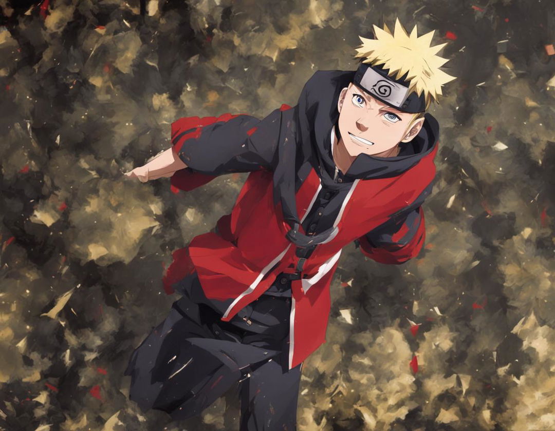 Naruto Uzumaki reimagined in Jujutsu Kaisen's art style, wearing a dark uniform and red and white coat.