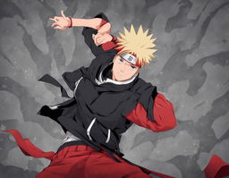 Naruto Uzumaki reimagined in Jujutsu Kaisen's art style, wearing a dark uniform and red and white coat.