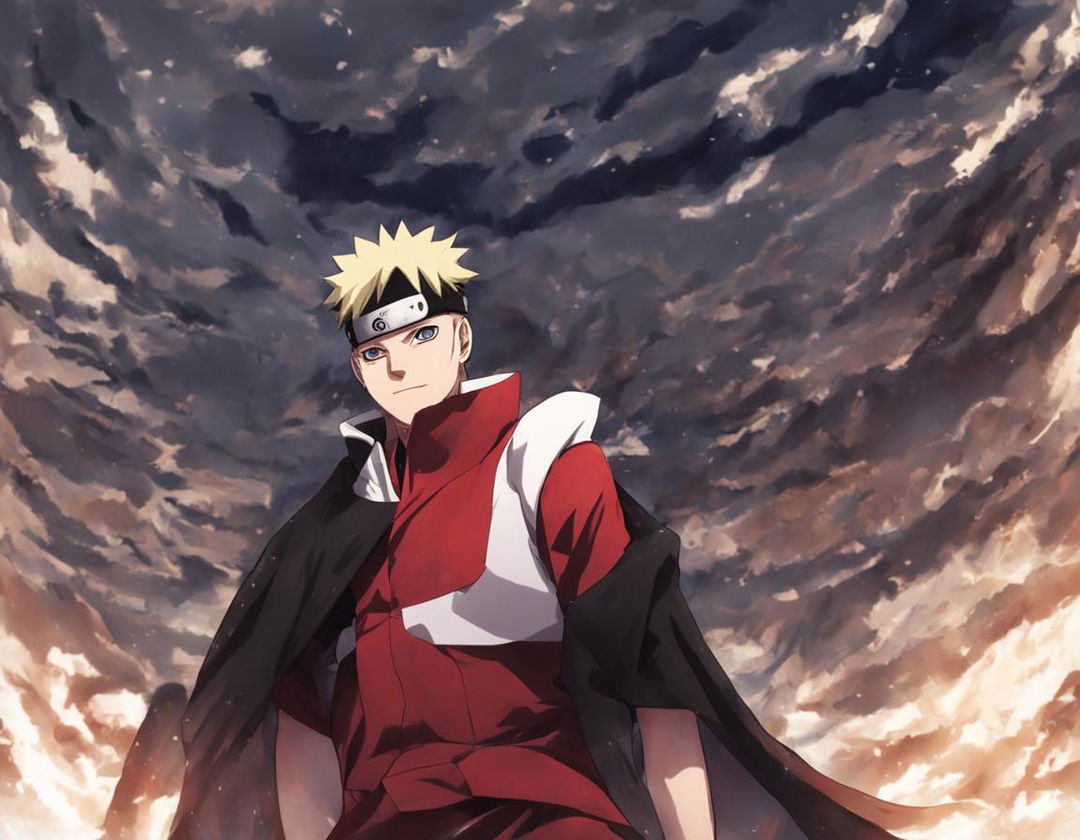 Naruto Uzumaki reimagined in Jujutsu Kaisen's art style, wearing a dark uniform and red and white coat.