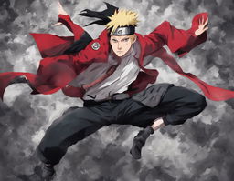 Naruto Uzumaki reimagined in Jujutsu Kaisen's art style, wearing a dark uniform and red and white coat.