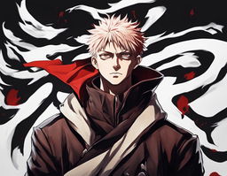 A detailed Jujutsu Kaisen style portrait of an empty dark uniform and red and white coat.