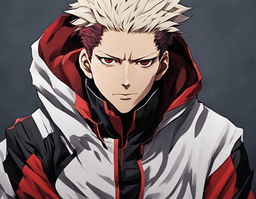 A detailed Jujutsu Kaisen style portrait of an empty dark uniform and red and white coat.