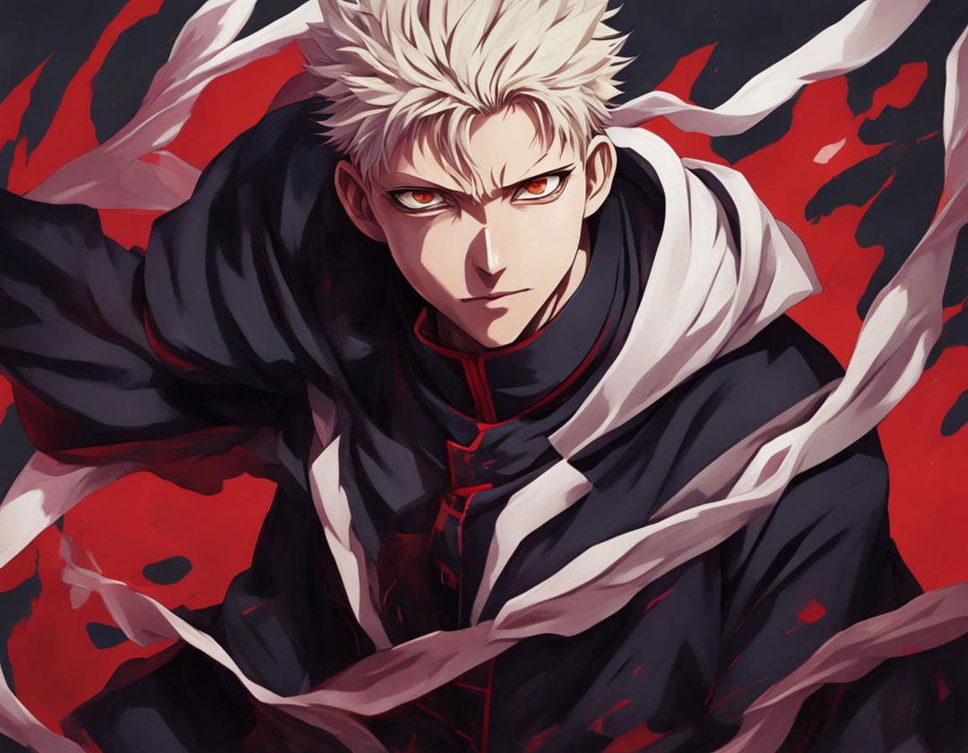 A detailed Jujutsu Kaisen style portrait of an empty dark uniform and red and white coat.