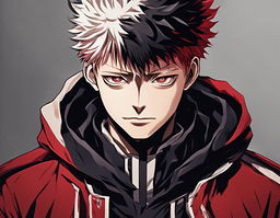 A detailed Jujutsu Kaisen style portrait of an empty dark uniform and red and white coat.