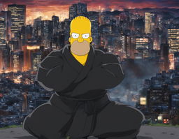 Homer Simpson in Jujutsu Kaisen style, dressed in a black jujutsu uniform and standing in a defensive stance against a blurred Tokyo cityscape at night