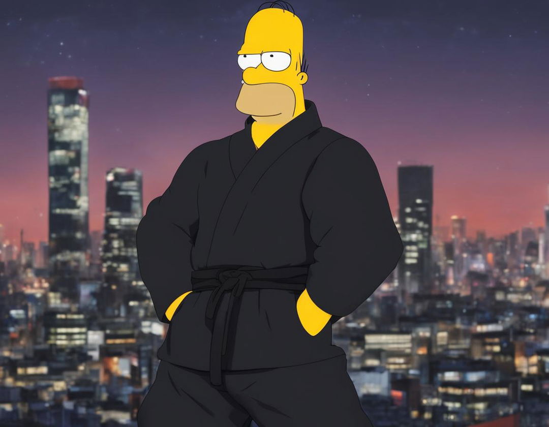 Homer Simpson in Jujutsu Kaisen style, dressed in a black jujutsu uniform and standing in a defensive stance against a blurred Tokyo cityscape at night