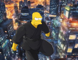 Homer Simpson in Jujutsu Kaisen style, dressed in a black jujutsu uniform and standing in a defensive stance against a blurred Tokyo cityscape at night