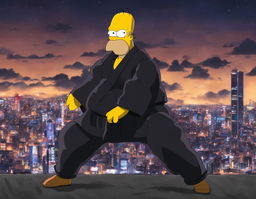 Homer Simpson in Jujutsu Kaisen style, dressed in a black jujutsu uniform and standing in a defensive stance against a blurred Tokyo cityscape at night