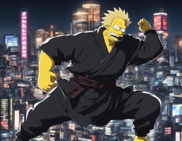 Homer Simpson reimagined in Jujutsu Kaisen style, donning a black jujutsu uniform and assuming a defensive stance against a blurred Tokyo cityscape at night