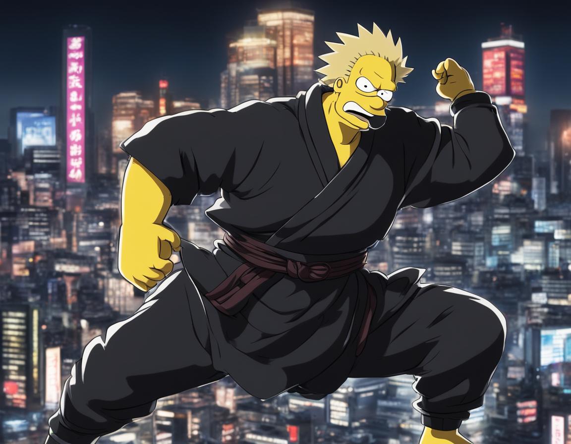 Homer Simpson reimagined in Jujutsu Kaisen style, donning a black jujutsu uniform and assuming a defensive stance against a blurred Tokyo cityscape at night