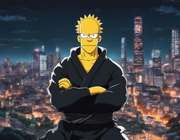 Homer Simpson reimagined in Jujutsu Kaisen style, donning a black jujutsu uniform and assuming a defensive stance against a blurred Tokyo cityscape at night