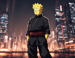 Homer Simpson reimagined in Jujutsu Kaisen style, donning a black jujutsu uniform and assuming a defensive stance against a blurred Tokyo cityscape at night