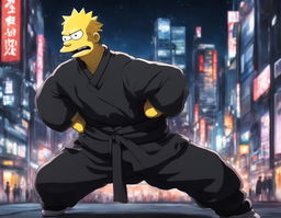 Homer Simpson reimagined in Jujutsu Kaisen style, donning a black jujutsu uniform and assuming a defensive stance against a blurred Tokyo cityscape at night