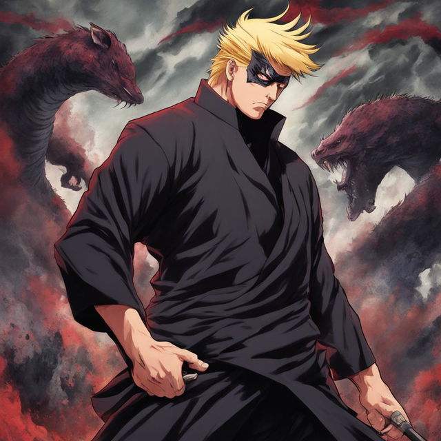 Donald Trump portrayed as a monstrous curse in the style of Jujutsu Kaisen.