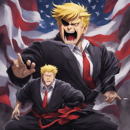 Donald Trump portrayed as a monstrous curse in the style of Jujutsu Kaisen.