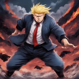 Donald Trump portrayed as a monstrous curse in the style of Jujutsu Kaisen.