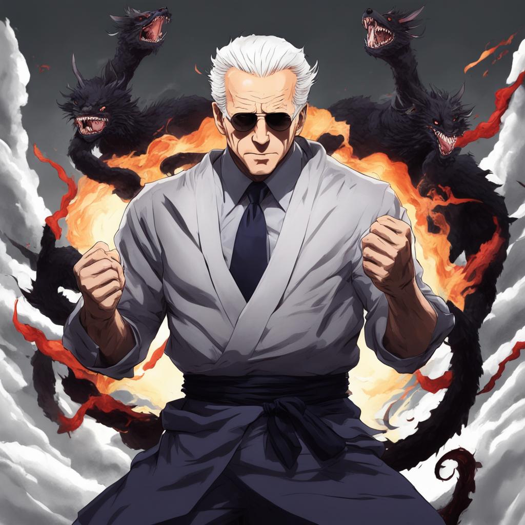 Joe Biden depicted as a monstrous curse in the style of Jujutsu Kaisen.