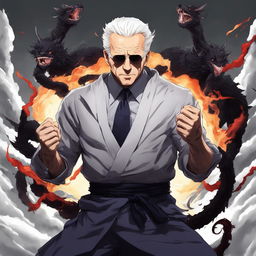 Joe Biden depicted as a monstrous curse in the style of Jujutsu Kaisen.