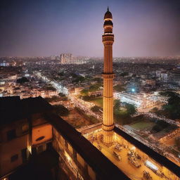 High-rise balcony view from the 24th floor of an apartment building at night, showcasing the illuminated Charminar monument amidst a bustling crowd