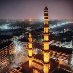 High-rise balcony view from the 24th floor of an apartment building at night, showcasing the illuminated Charminar monument amidst a bustling crowd