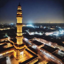 High-rise balcony view from the 24th floor of an apartment building at night, showcasing the illuminated Charminar monument amidst a bustling crowd