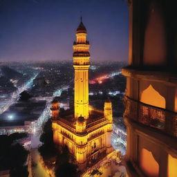 High-rise balcony view from the 24th floor of an apartment building at night, showcasing the illuminated Charminar monument amidst a bustling crowd