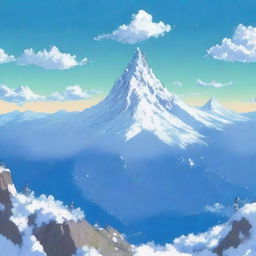 A panoramic view from the summit of a mountain range, drawn in a detailed anime style