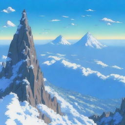 A panoramic view from the summit of a mountain range, drawn in a detailed anime style