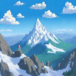 A panoramic view from the summit of a mountain range, drawn in a detailed anime style