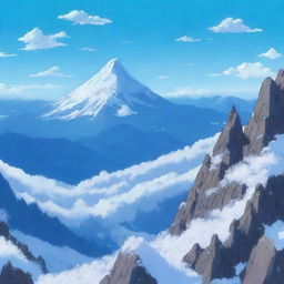 A panoramic view from the summit of a mountain range, drawn in a detailed anime style