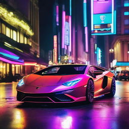 A futuristic Lamborghini illuminated by vibrant neon lights in a nighttime cityscape.