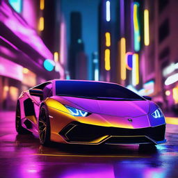 A futuristic Lamborghini illuminated by vibrant neon lights in a nighttime cityscape.