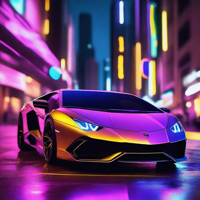 A futuristic Lamborghini illuminated by vibrant neon lights in a nighttime cityscape.