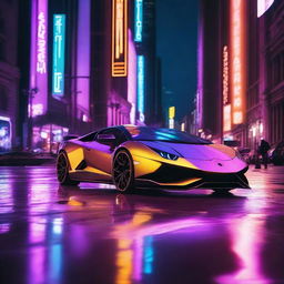 A futuristic Lamborghini illuminated by vibrant neon lights in a nighttime cityscape.