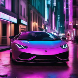 A futuristic Lamborghini illuminated by vibrant neon lights in a nighttime cityscape.