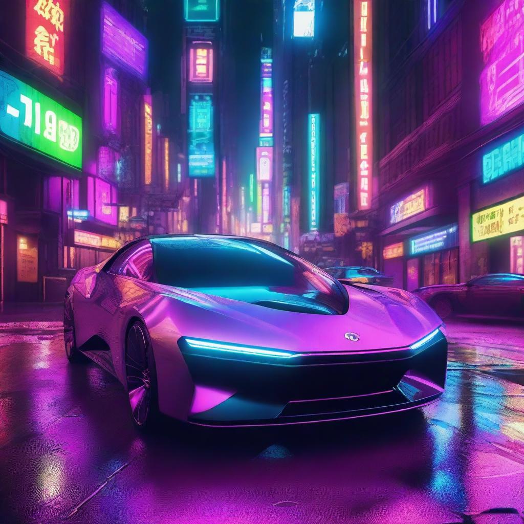 A highly advanced, future car immersed in a vibrant, neon-lit cyberpunk cityscape.