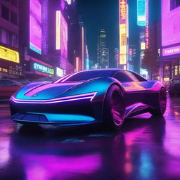 A highly advanced, future car immersed in a vibrant, neon-lit cyberpunk cityscape.