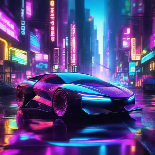 A highly advanced, future car immersed in a vibrant, neon-lit cyberpunk cityscape.