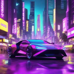 A highly advanced, future car immersed in a vibrant, neon-lit cyberpunk cityscape.