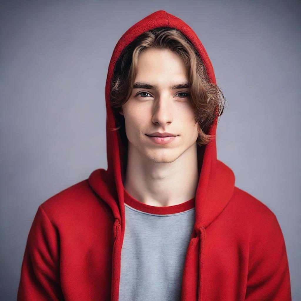 A handsome young man with brown hair and fair skin, wearing a red hoodie.