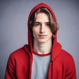 A handsome young man with brown hair and fair skin, wearing a red hoodie.