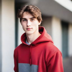 A handsome young man with brown hair and fair skin, wearing a red hoodie.