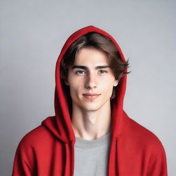 A handsome young man with brown hair and fair skin, wearing a red hoodie.