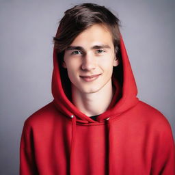 A handsome young man with brown hair and fair skin, wearing a red hoodie.