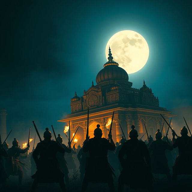 Under the cover of darkness, a group of Mughal soldiers launches a night raid on an ornate temple, their silhouettes stark against the moonlit sky