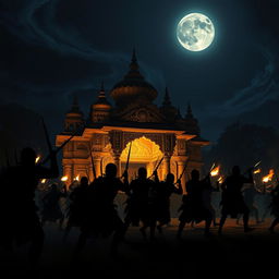 Under the cover of darkness, a group of Mughal soldiers launches a night raid on an ornate temple, their silhouettes stark against the moonlit sky