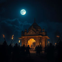 Under the cover of darkness, a group of Mughal soldiers launches a night raid on an ornate temple, their silhouettes stark against the moonlit sky