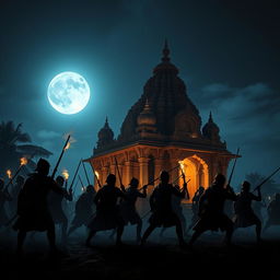 Under the cover of darkness, a group of Mughal soldiers launches a night raid on an ornate temple, their silhouettes stark against the moonlit sky